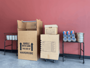 West-Henly-Self-Storage-Retail-Merchendise-Johnson-City-Texas Selection of moving and packing boxes including wardrobe boxes and packing supplies.